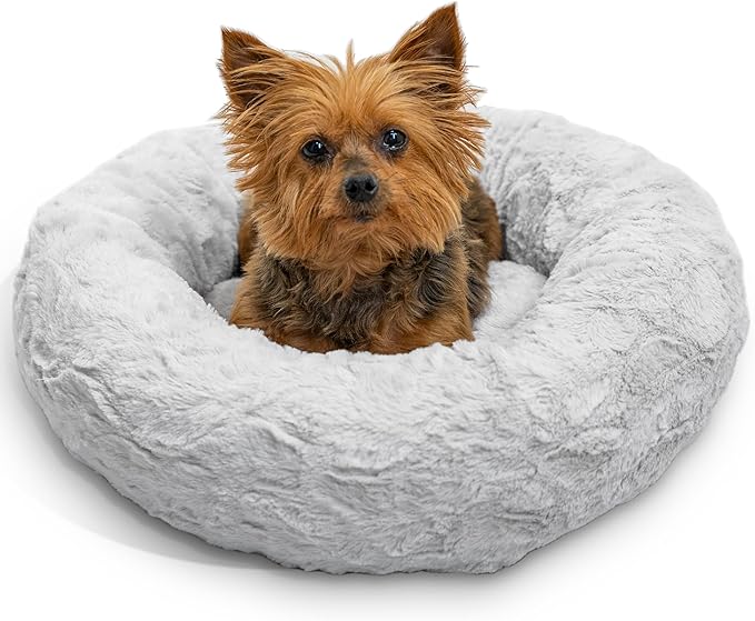 Best Friends by Sheri Original Calming Donut Dog and Cat Bed, Lux Faux Fur, Gray, XS (18in x 18in) - Anxiety Relief for Pets Up to 10 lbs