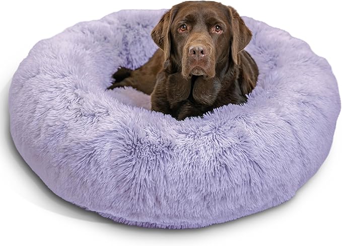 Best Friends by Sheri Original Calming Donut Dog and Cat Bed, Shag Faux Fur, Lavender, (36in x 36in) - Anxiety Relief for Pets Up to 100 lbs