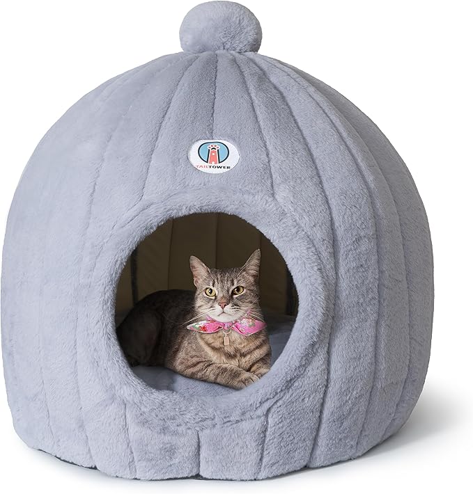 Extra Large Cat Cave Bed for Large Cats & Small Dogs β Plush Dome Hideaway with Removable Cushion β Spacious, Enclosed Cat House (24x23β, Light Gray)