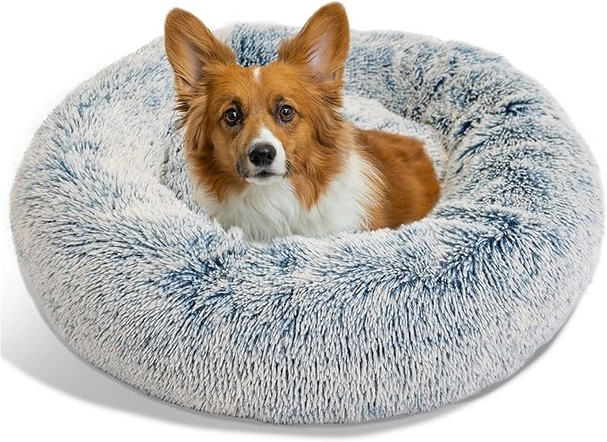 Best Friends by Sheri Original Calming Donut Dog and Cat Bed, Shag Faux Fur, Denim Blue, (30in x 30in) - Anxiety Relief for Pets Up to 45 lbs