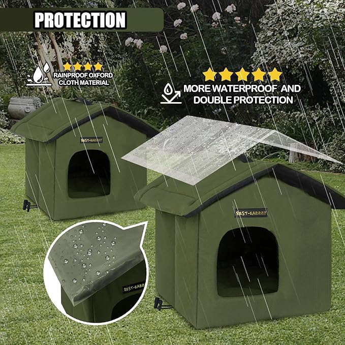 Rest-Eazzzy Cat House for Outdoor Cats, Weatherproof and Insulated Feral Cat House with Mat and Clip, Easy to Put Together, Selfwarming Cat Shelter for Winter(Olive Green, Canopy House X 1)