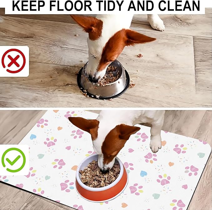 Pink Dog Paw Pet Feeding Mat for Floors-Absorbent Dog Bowl Mat for Food and Water, Quick Dry Pet Cat Feeding Mats with Non Slip Bottom, Mess-Free Dog Accessories 16"x24"