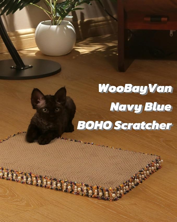 Navy Blue Cat Scratch Pad, Stylish Boho Lace with Pearl Large Cardboard Cat Scratcher, Cat Scratchers for Indoor Cats, Durable Cat Scratching Board, Horizontal Scratch Pad for Cats