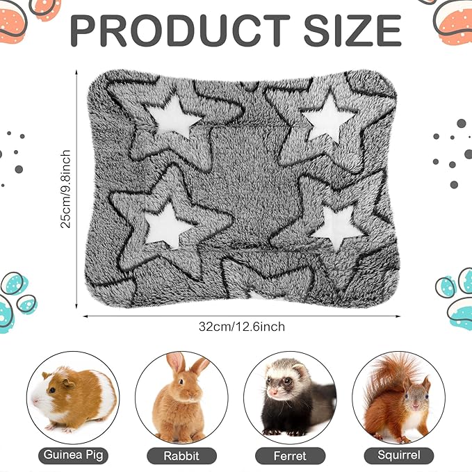 Haull 4 Pcs Waterproof Guinea Pig Bedding Winter Guinea Pig Bed Plush Cage Liners Soft Dog Cat Mat Reversible Winter Cozy Animal Pee Pad Hamster Bed Mat for Bunny(Gray Star,13 x 10 Inch)