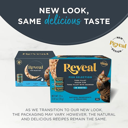 Reveal Natural Wet Canned Cat Food, Limited Ingredient, Grain-Free, Protein with No Artificial Additives, Fish Variety in Broth (12 x 2.47 oz Cans)