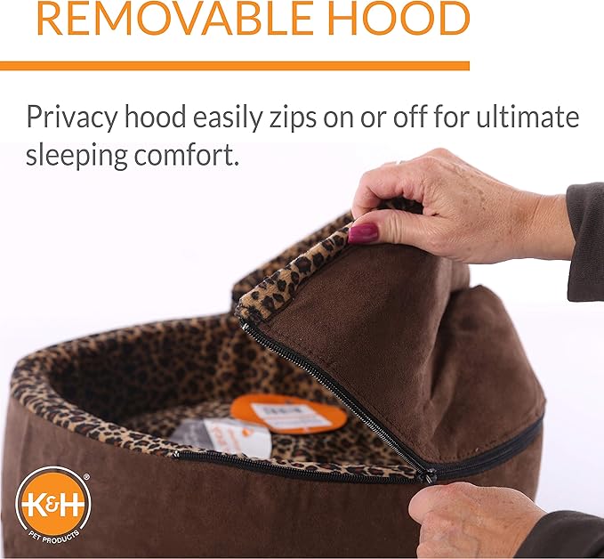 K&H Pet Products Thermo-Kitty Bed Deluxe Heated Cat Bed for Smaller Kitties - Indoor Heated Pet Bed for Dogs & Cats, Covered Cave Pet Tent, Machine Washable, Safety Listed - Small 16in Mocha/Leopard