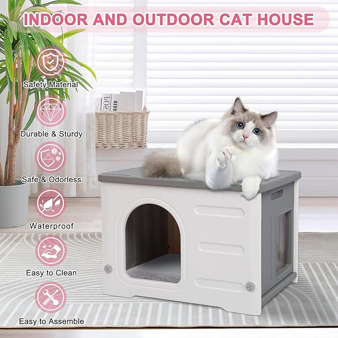 Hicaptain Cat Houses for Indoor Cats with Escape Door Plastic Outdoor Cat House Puppy Feral Cat Shelter for Small Medium Pets-Grey