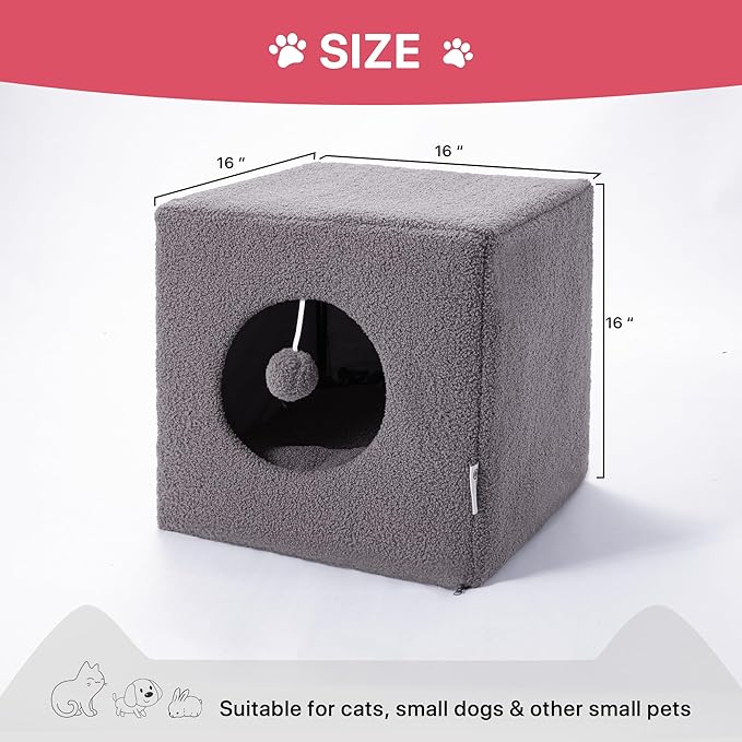 Cat House for Indoor Cats, Fluffy Large Cube Cat Cave Bed, Perfect Hideaway for Multiple Cats & Small Pets, Detachable Sherpa Cover 16 Inches