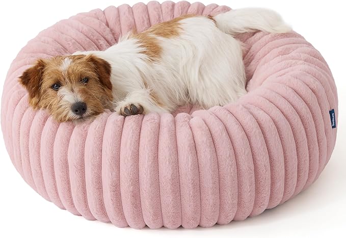 Bedsure Donut Small Dog Bed - Dog Beds for Small Dogs with Corduroy Fleece & Anti Slip Bottom, Round Faux Fur Pet Beds with Washable Removable Cover, Blush Pink, 27x27x8 inches