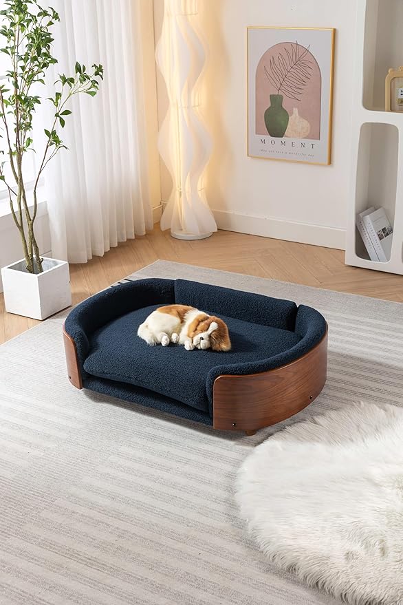 HomSof 38.58" Scandinavian Style Elevated Dog Cat Bed Pet Sofa with Solid Wood Legs and Bent Wood Back with Velvet Cushion,Large Size,Light Grey