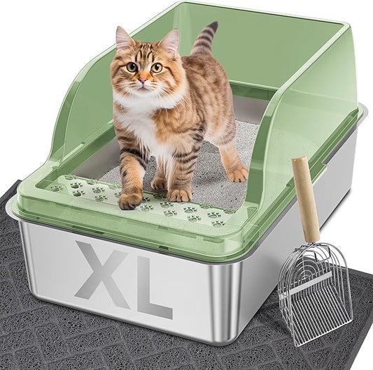 UPSKY Stainless Steel Cat Litter Box with Lid, XL Large Metal Litter Box for Large Breeds, Enclosed Kitty Litter Pan with High Sides, Leak-Proof & Non-Stick, Easy to Clean, Scoop and Mat Included