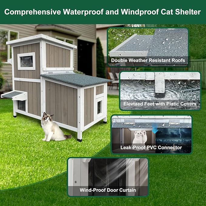 Outdoor Cat House Weatherproof, Two Story Wooden Cat House Outside Feral Shelter with 3 Escape Door, Cat Condo for Small Animals with Openable Asphalt Roof, Grey