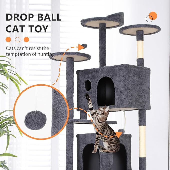 BestPet 81in Cat Tree Tower for Indoor Cats,Multi-Level Cat Furniture Activity Center with Cat Scratching Posts Stand House Cat Condo with Funny Toys for Kittens Pet Play House,Dark Gray