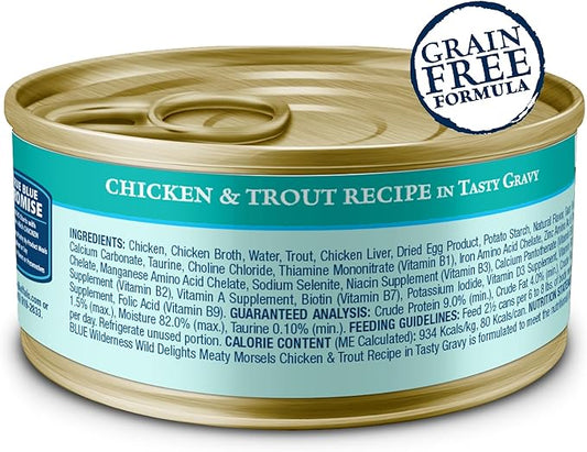 Blue Buffalo Wilderness Wild Delights Meaty Morsels Wet Cat Food, High-Protein & Grain-Free, Made with Natural Ingredients, Chicken & Trout Recipe in Tasty Gravy, 3-oz. Cans (24 Count)