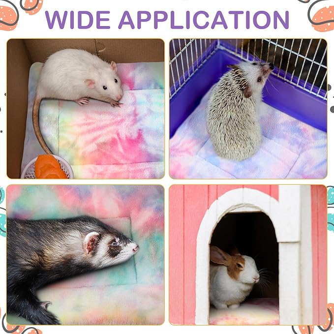 Haull 4 Pcs Waterproof Guinea Pig Bedding Winter Guinea Pig Bed Plush Cage Liners Soft Dog Cat Mat Reversible Winter Cozy Animal Pee Pad Hamster Bed Mat for Bunny(Tie Dyed,13 x 10 Inch)