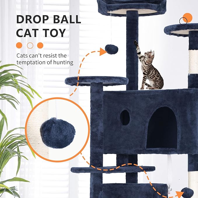 BestPet 70in Cat Tree Tower for Indoor Cats,Multi-Level Cat Furniture Activity Center with Cat Scratching Posts Stand House Cat Condo with Funny Toys for Kittens Pet Play House,Navy Blue