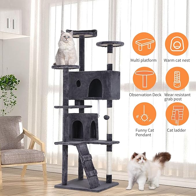 BestPet 70in Cat Tree Tower for Indoor Cats,Multi-Level Cat Furniture Activity Center with Cat Scratching Posts Stand House Cat Condo with Funny Toys for Kittens Pet Play House,Ashy