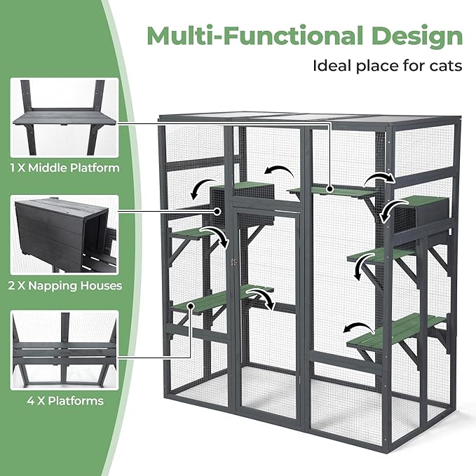 Large Stylish Wooden Catio Outdoor Cat Enclosure Cat Cage & Run Enclosures Indoor Kitty Window Catio with Waterproof Roof, 7 Platforms & 2 Resting Box, UV Resistant, 62.4" L x 32.4" W x 70" H (Grey)