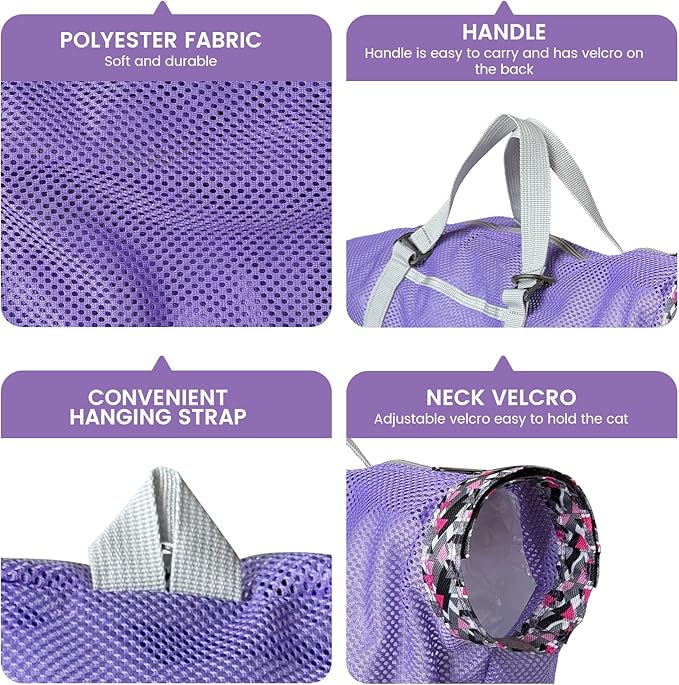 Cinf Cat Bathing Bag(Free Muzzle) Breathable Mesh Anti Scratch Adjustable Cat Grooming Bag for Nail Trimming, Bathing Soft Cat Washing Bag(Taro) L