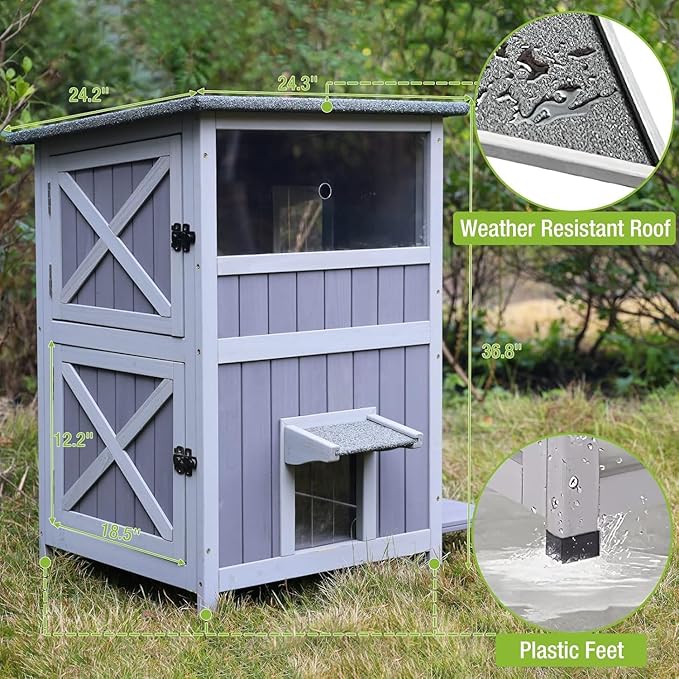 GUTINNEEN Outdoor Cat House Weatheproof Feral Cat Shelter Wooden Cat Condo for Winter with Escape Doors(AIR14)