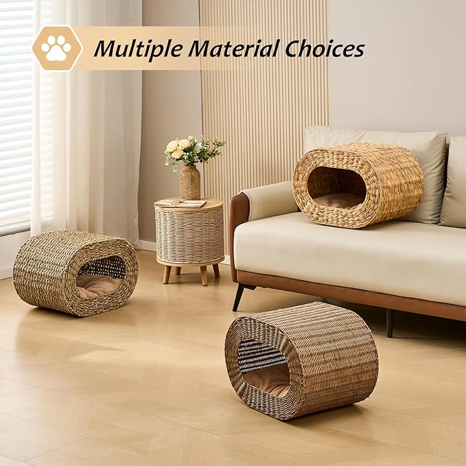 Cat House,Handwoven Cat Cave Pet Cube, Rattan Cat Beds Indoor Kitten House with Double-Sided Soft Cushions, Pet Cat House for Multiple Cats, for Living Room Bedroom