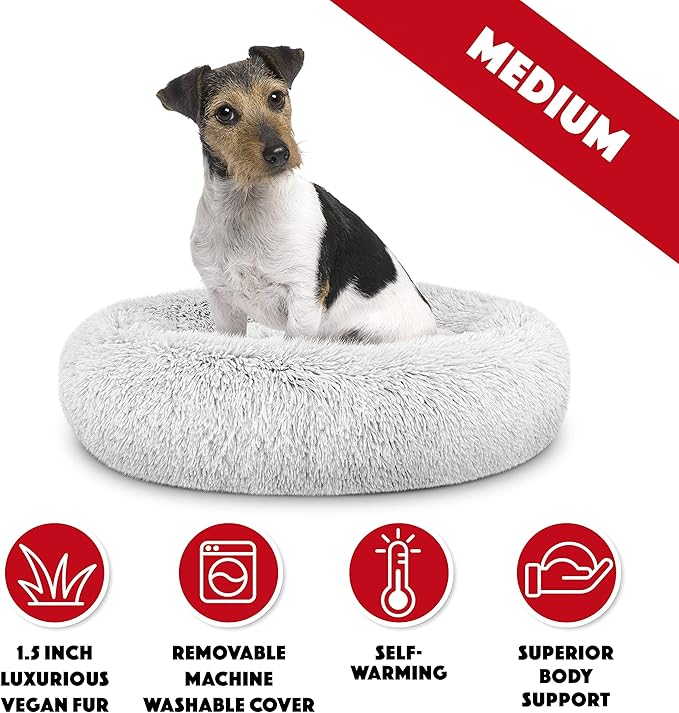The Dog’s Bed Sound Sleep Donut Dog Bed, Medium Ice White Fur Calming Nest Bed, Veterinary Approved