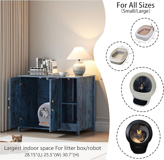 Cat Litter Robot Enclosure with Litter Collector,Cat Litter Cabinet with Dog Proof Adjustable Shelf,for Placing Litter Robot 3/4,Power Outlet (Blue)