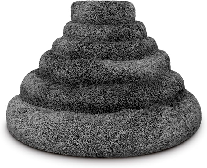 The Dog’s Bed Sound Sleep Donut Dog Bed, XL Steel Grey Fur Calming Nest Bed Removable Cover, Veterinary Approved