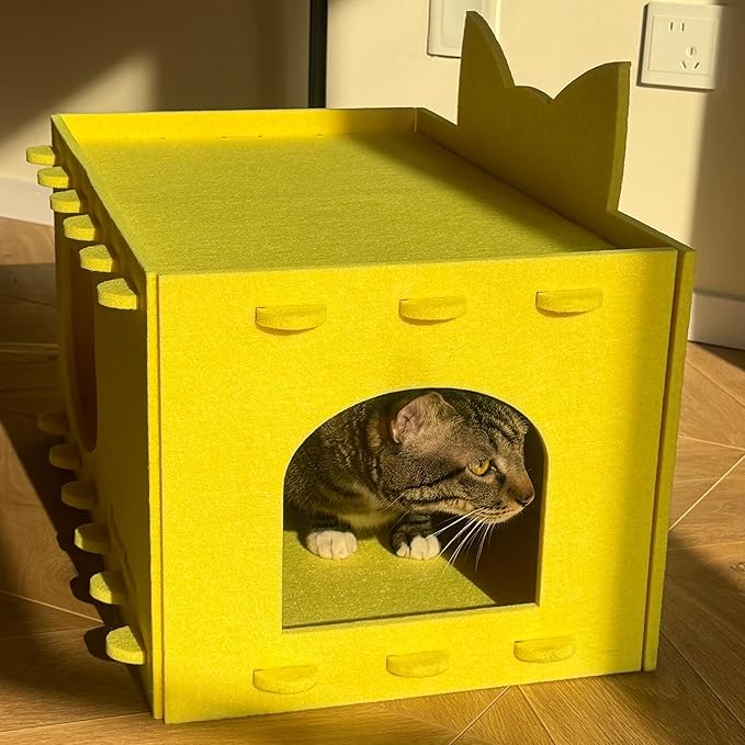 Cat House Cat Ear Design, Large Spacious Cozy Indoor Cat Bed Cave, Scratch Resistant Strong Thick Premium Felt Condo, Fun Hideaway for Multiple Cats, 21.5x13x11.6 inches (Bright Yellow)