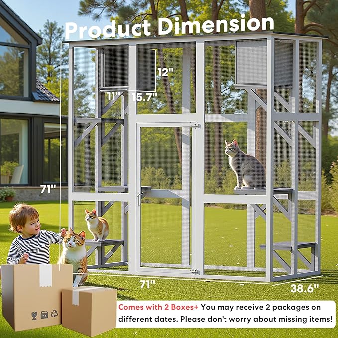 Catio Outdoor Cat Enclosure, Large Kitty House Cat Condo Playpen with Platforms & Living House for Mulitiple Cats with Waterproof Roof 71", White
