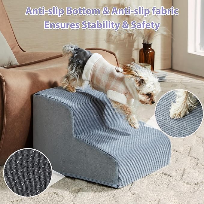 Dog Stairs for Small Dogs, 3-Steps Dog Ramp for Bed and Couch, Pet Stairs with Highly Supportive Foam and Non-Slip Bottom, Dogs Steps for Cat & Doggie (High 15.7 Inch)
