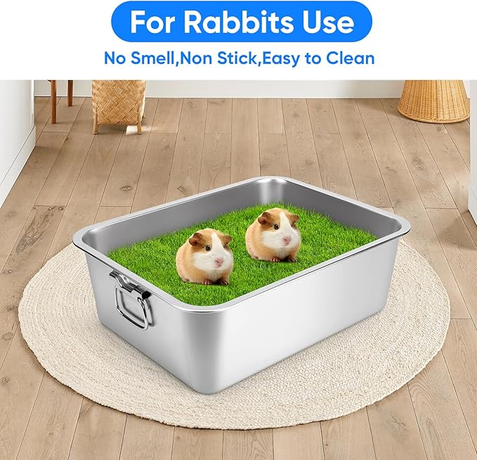 Stainless Steel Litter Box with Handle for Cat and Rabbit, 19.5" L x 13.5" W x 6" H, Odor Control Litter Pan, Fold-able Feeding Plate, Non Stick Smooth Surface