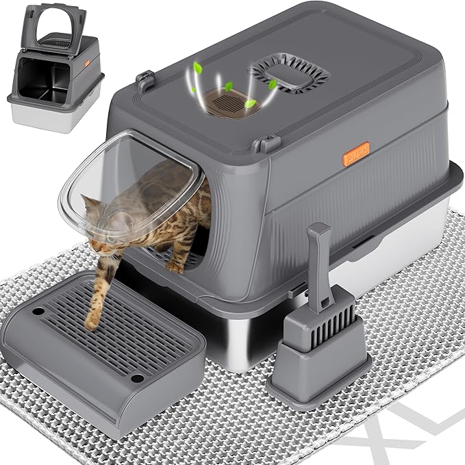 Citylife Stainless Steel Cat Litter Box with Lid,XL Extra Large Enclosed Removable Metal Litter Box with Litter Scoop&Double Layer Litter Mat,Non-Sticky,Non-Odor,Easy Cleaning, for Big Cats Dark Grey