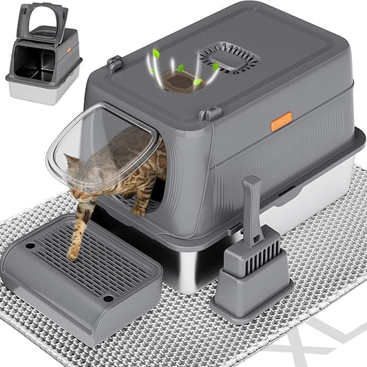 Citylife Stainless Steel Cat Litter Box with Lid,XL Extra Large Enclosed Removable Metal Litter Box with Litter Scoop&Double Layer Litter Mat,Non-Sticky,Non-Odor,Easy Cleaning, for Big Cats Dark Grey