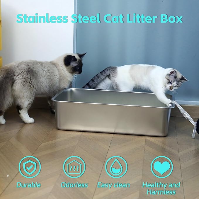 Stainless Steel Litter Box -6in High Side,Metal Litter Box for Cat/Kitty/Rabbits 17" L x 13.8" W x 6" H,Stainless Steel Cat LitterBox-Metal PanToilet,No Smell, Non Stick, Easy Clean.
