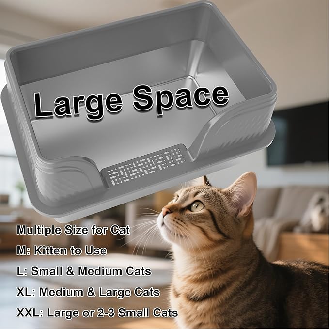 Enclosed Stainless Steel Cat Litter Box with Lid Medium Litter Box for Kitten Metal Litter Pan Tray with High Sides Scoop & Litter Mat Inside, Non-Sticky, Anti Leakage, Easy Cleaning (Gray, M)