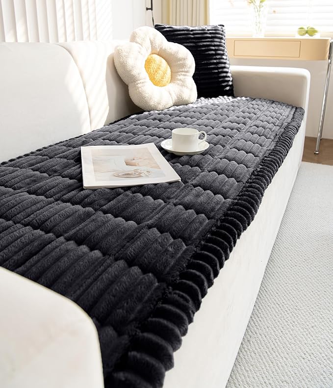 Faux Fur Plush Dog Couch Cover 3D Stripe Fuzzy Sofa Cover Non-Slip Fluffy Dog Bed Cover Pet Blanket Sofa Couch Furniture Protector for Puppy Large Dog Cat (Black,28"x70")