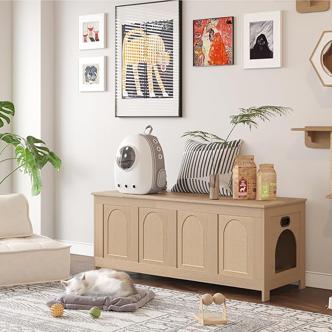 DINZI LVJ Cat Litter Box Enclosure, Flip Top Litter Box Furniture, Hidden Cat Washroom, 2-Entrances Wooden Pet House, 47.2" L x 18.7" W x 19.7" H, End Side Table, TV Stand, Easy to Assemble, Natural
