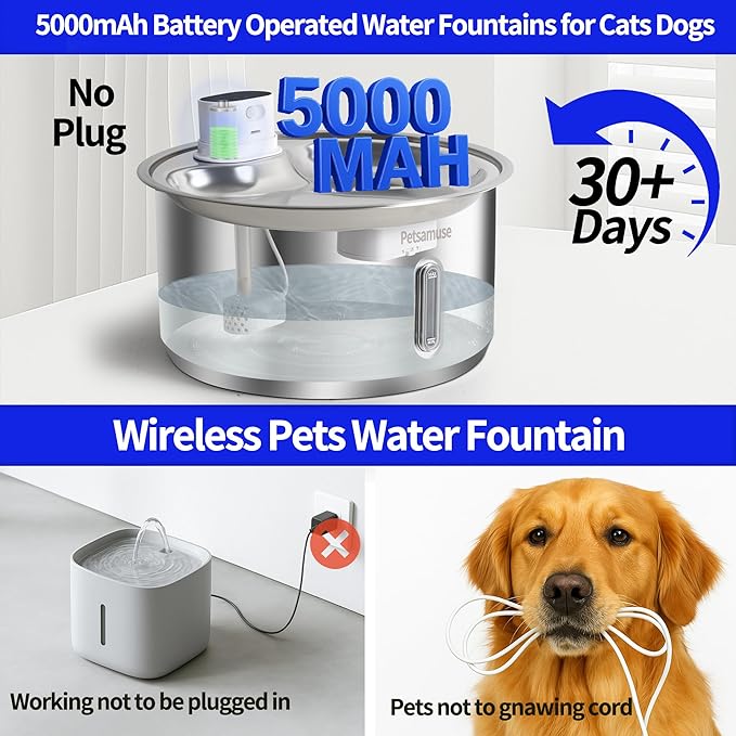 11L Wireless Smart Stainless Steel Water Fountain, Petsamuse 5000MAH Battery 2.8Gal Large Dog Water Fountain with 2 Quiet Pumps Large Dog Water Dispenser with Motion Sensor, Timer Mode & 15 Filters