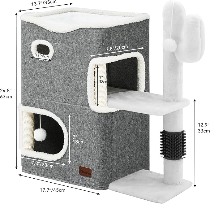 YITAHOME 2-Tier Cat House, Cat Beds for Indoor Cats, Small Cat Condo with Highway Cave, Scratch & Itching Post, Clmibing Stand, Modern Cat Cube Playhouse for Multi Kittens, Grey