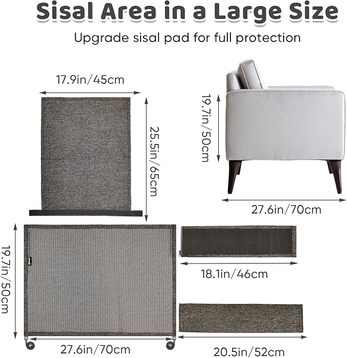 NATUYA Cat Scratch Couch Protector, Sisal Furniture Protector Cats Scratching Pad, Anti-Cat Scratch Sofa Armrest Couch Protective Shield with Pocket (Gray, Fit Left or Right)