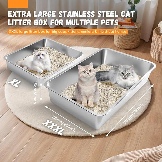 Homegroove Extra Large Stainless Steel Litter Box, 28"x20"x6" XXXL Metal Cat Litter Box for Big Cats with High Sides, Cat Litter Pan for Multiple Animal, Anti-Urine Leakage, Easy Clean (28x20x6 inch)
