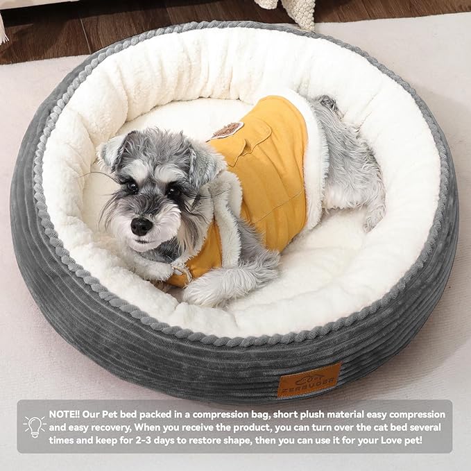 23in Round Cat Dog Bed for Large Medium Small Dogs Cats, Machine Washable Sleeping Sofa, Non-Slip Bottom Breathable Soft Calming Pet Cuddler for Indoor/Outdoor/Car/Cage, Dark Grey