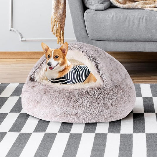 Coffee Round Hooded Cat & Dog Bed - Cave Cover, Faux Fur Cuddler, Self Warming Donut Bed, Fits up to 12 lbs Pets (20" x 20")