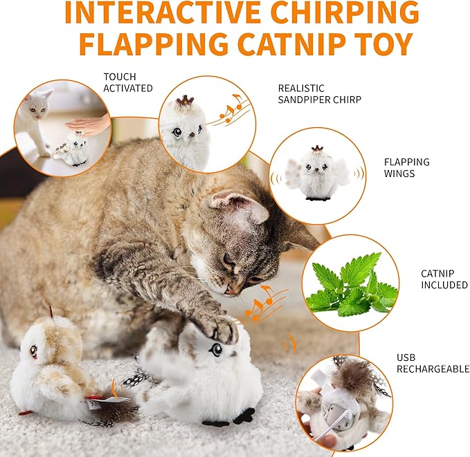 Gigwi Flappy Bird Cat Toy For Indoor Cats, Rechargeable Lifelike Sandpiper Interactive Flapping Bird Cat Toy Tweet, Flapping Wings & Lively Chirping, Catnip Toys For Kitten, Touch Activated (Couple)