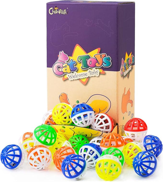 CHIWAVA 45PCS 1.6'' Cat Toy Ball with Bell Plastic Lattice Jingles Balls Kitten Chasing Pounce Rattle Toy Assorted Color
