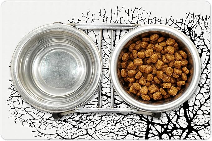 Lunarable Nature Pet Mat for Food and Water, Silhouette of Twisted Coral Reef Branches in Minimalist Tones Underwater Design, Non-Slip Rubber Mat for Dogs and Cats, 18" X 12", Black Print