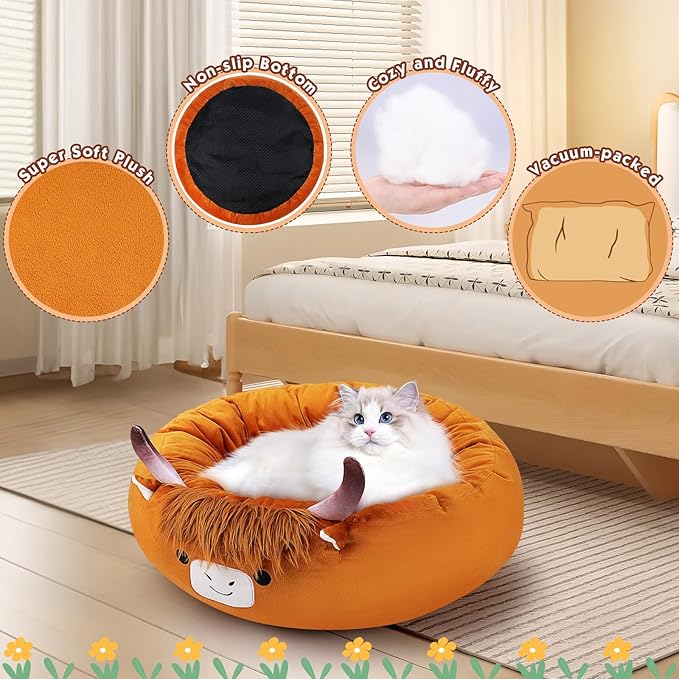 Highland Cow Heated Cat Bed - Cute Round Dog Bed, Warming Pet Bed for Indoor Cats & Small Dogs, Washable Calming Nest with Heating Pad & Timer, Cow Pet Heating Pad for Cats and Dogs