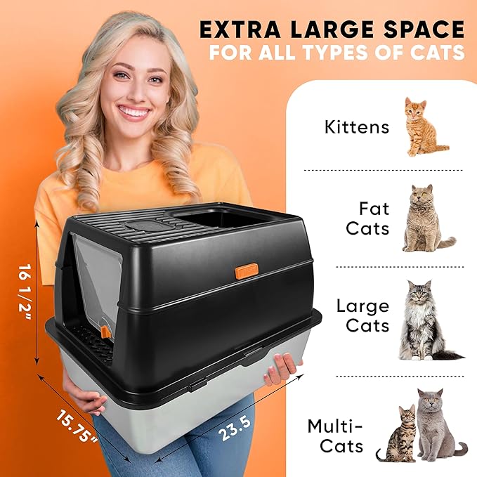 Stainless Steel Litter Box with Lid, Metal Litter Box with Scoop and Pedal, Non-Stick Top Entry Kitty Box, Covered Litter Boxes, Extra Large Cat Stainless Litter Boxes with Mat (Black)