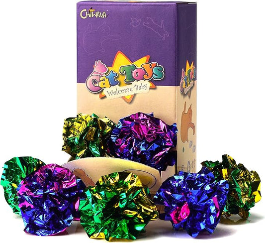 CHIWAVA 24PCS 1.6" Mylar Balls Shiny Crinkle Cat Toys Ball Kitten Crackle Lightweight Play Assorted Color